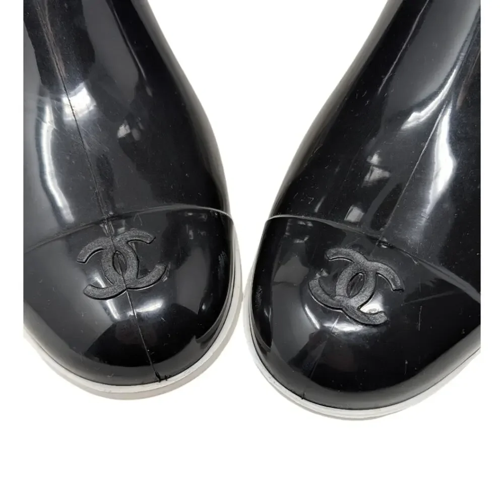 Chanel Rain Boots CC Logo Cap Toe Waterproof Knee Height Glossy Black 41 | 10.5